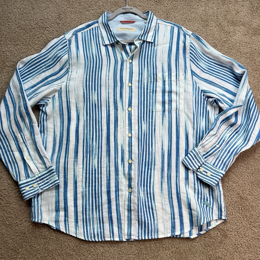 Tommy Bahama Men Relax 100% Linen Blue Abstract Striped Long Sleeves Shirt Sz XL